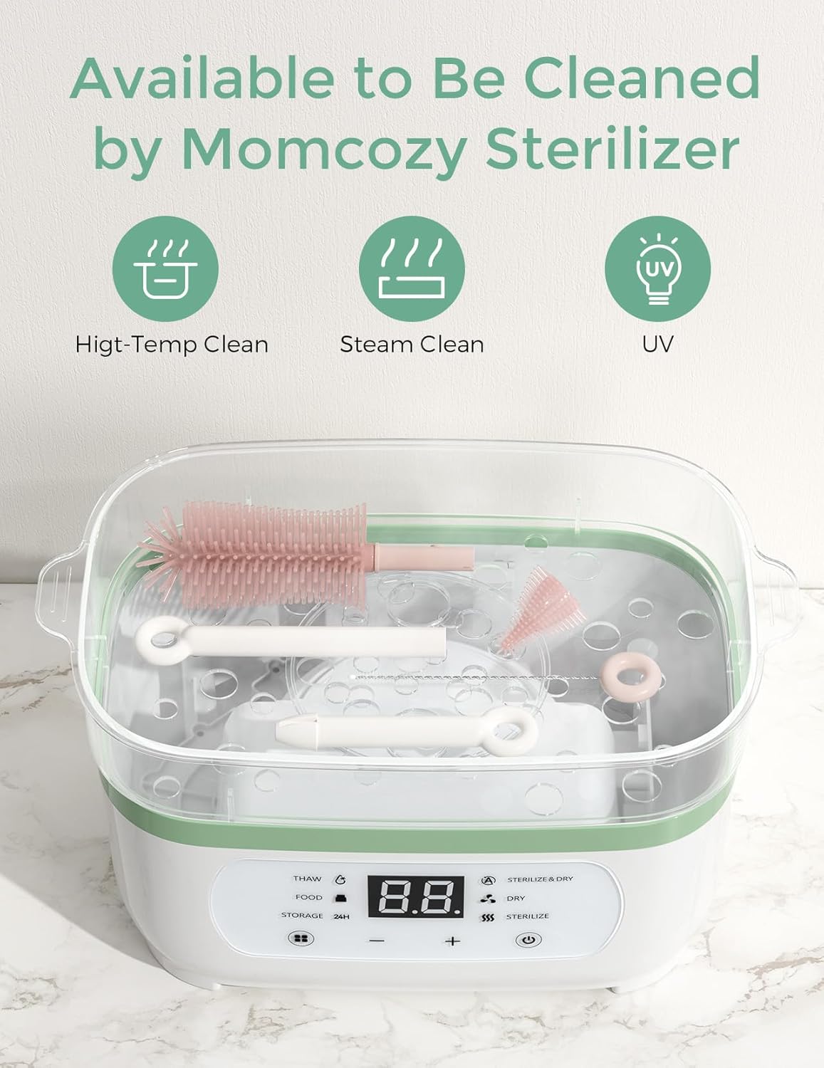 Momcozy Baby Bottle Brush Set, Cleaner Kit with Silicone Nipple Straw Brush, Soap Dispenser, Drying Rack - 7 in 1 Bottle Cleaning Tool for Home and Travel, Pink