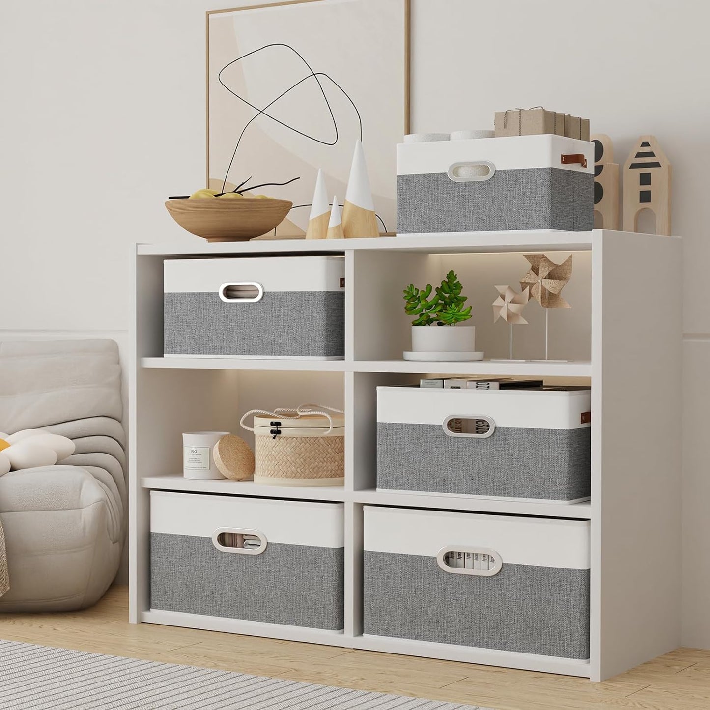 Yawinhe Foldable Storage Baskets for Shelves, Fabric Closet Organizers, Bins with 3 Handles, Cubes for Clothes, White/Grey, 15''Lx9.8''Wx8.3''H, 4-Pack