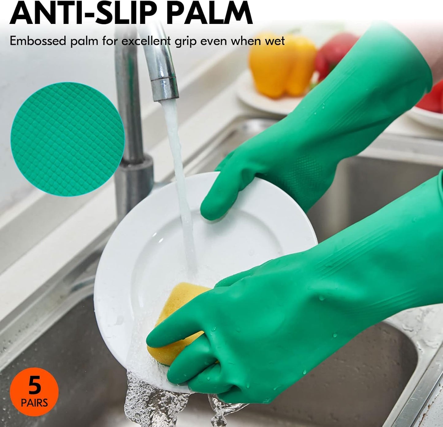 Vgo... 5-Pairs Reusable Household Gloves, Rubber Dishwashing gloves, Extra Thickness, Long Sleeves, Kitchen Cleaning, Working, Painting, Gardening, Pet Care (Size L, Green, HH4601)