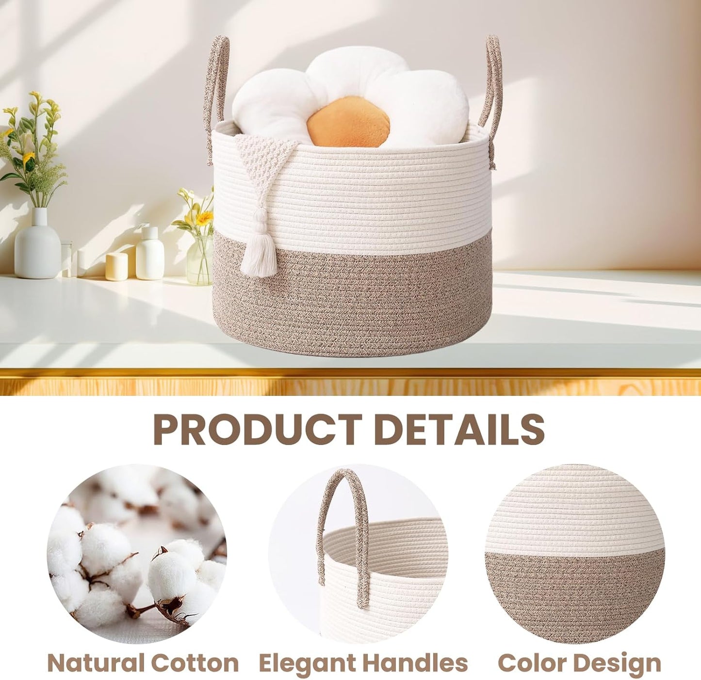 Woven Blanket Basket,115L Large Rope Storage Bin with Handles, Organizer for Blankets Toys Book and Clothes, Laundry Basket for Living Room Bedroom Nursery,White&Brown
