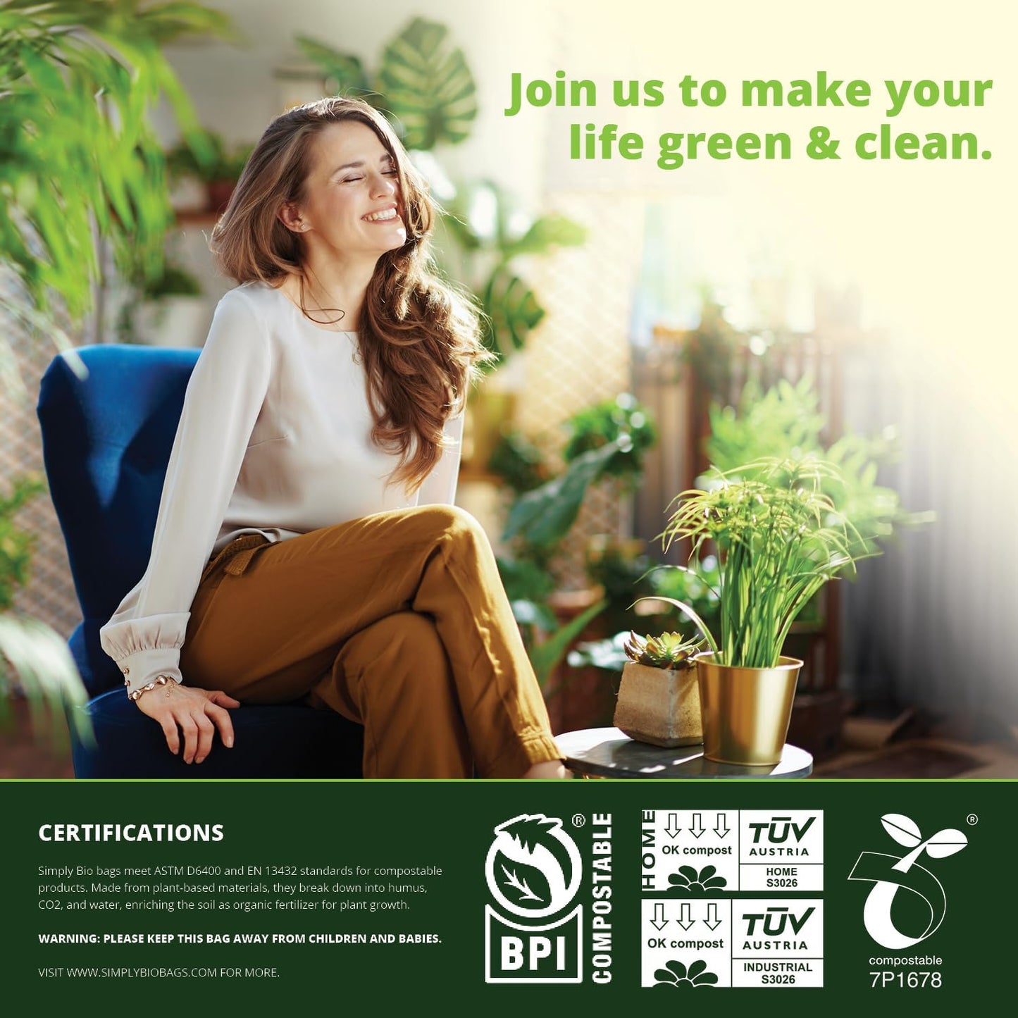 Simply Bio 50-55 Gallon Compostable Trash Bags Liners Flat-Top, Heavy Duty Extra Thick 1.57 Mil, 208.2 Liter, 12 Bags, Lawn, Yard, and Restaurant Use, ASTM D6400, US BPI, OK Compost Home Certified