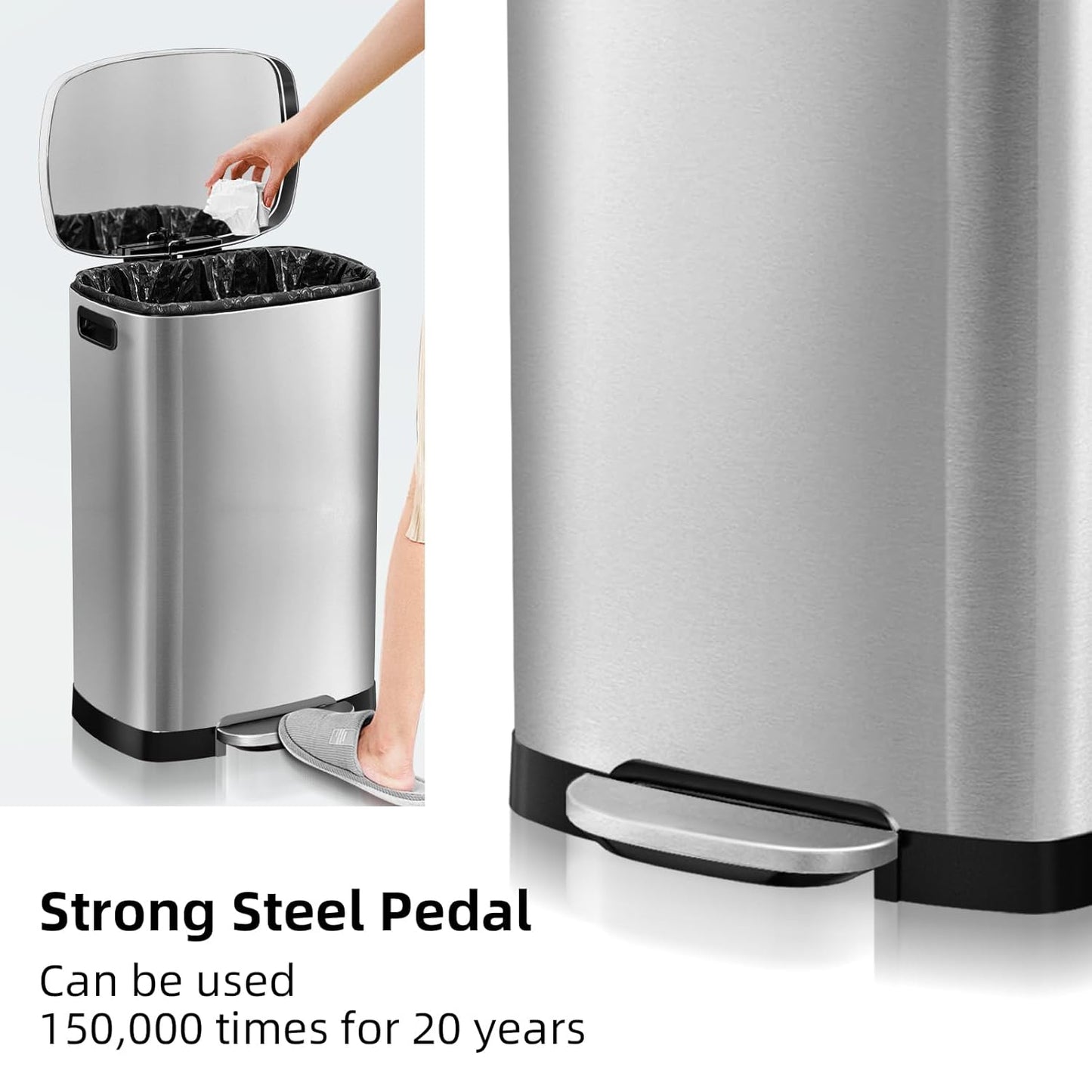 13 Gallon Trash Can with Lid, 50L Fingerprint Proof Stainless Steel Kitchen Trash Can with Removable Inner Bucket and Lid Soft Close, Pedal Rubbish Bin for Home Office