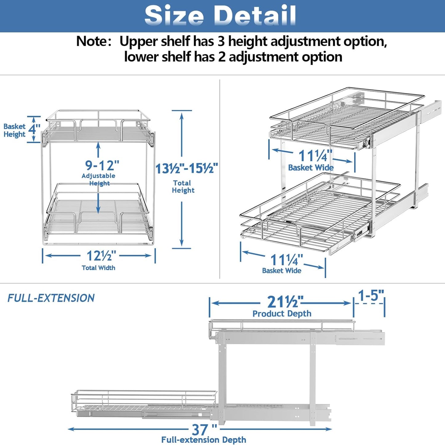 2 Tier Individual Pull Out Cabinet Organizer 12½" W x 21½" D, Heavy Duty Cabinet Pull Out Shelves, Slide Out Drawers Organization for Kitchen Cabinets Bathroom