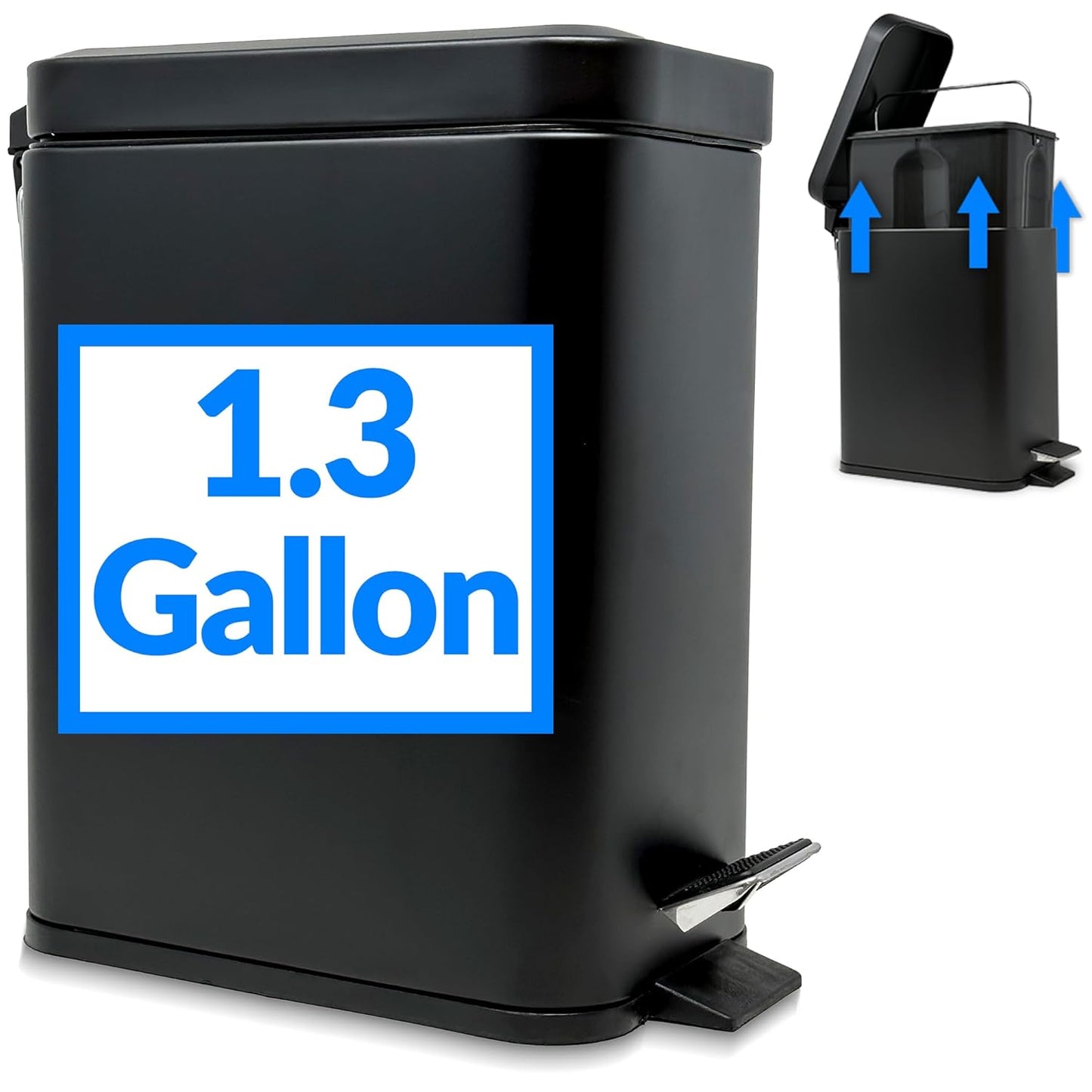 Reli. Small Trash Can with Lid, 1.3 Gallon (5 Liter) | Stainless Steel (Matte Black) | Small Bathroom Trash Can | Step Pedal Garbage Bin with Removable Bucket, Kitchen | Rectangular Metal Bin