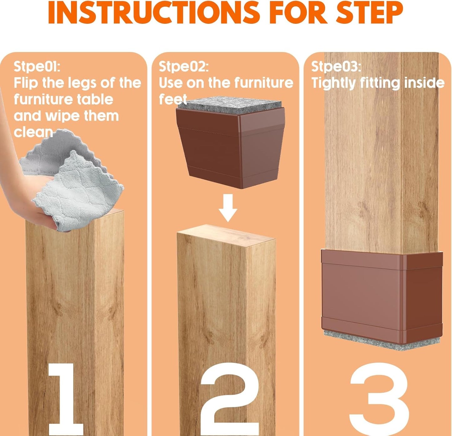 Rectangle Chair Leg Protectors for Hardwood Floors,16 PCS Silicone Covers to Protect Wood Tile Floors Felt Pads Furniture Leg Caps Reduce Noise. Easy to Move. (Brown,0.5 x 1 Inch, Rectangular)