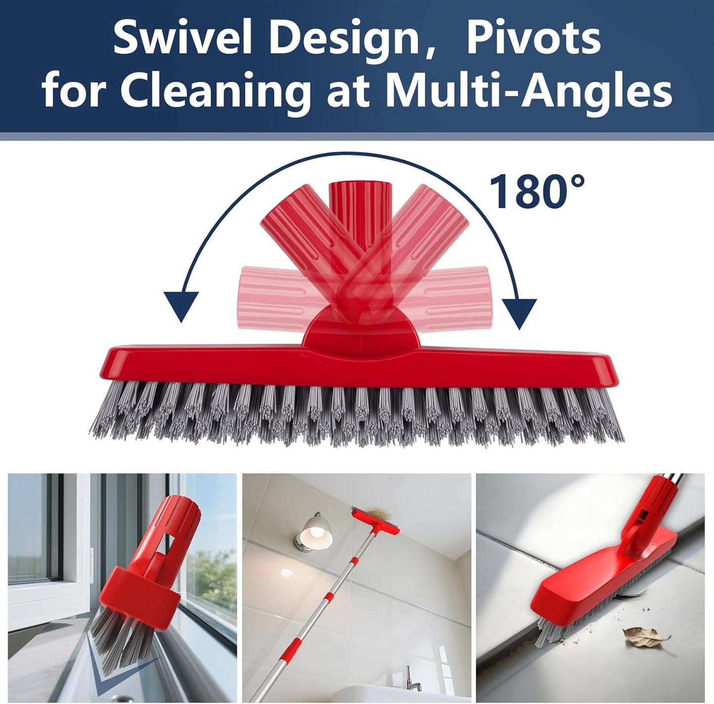 ITTAHO 2 Pack Grout Brush with Long Handle, Swivel Cleaning Grout Line Scrubber - Extendable Durable Handle Grout Cleaner Brush for Bathroom,Tile,Baseboard,Walk in Shower,Corner & Narrow Space (Red)