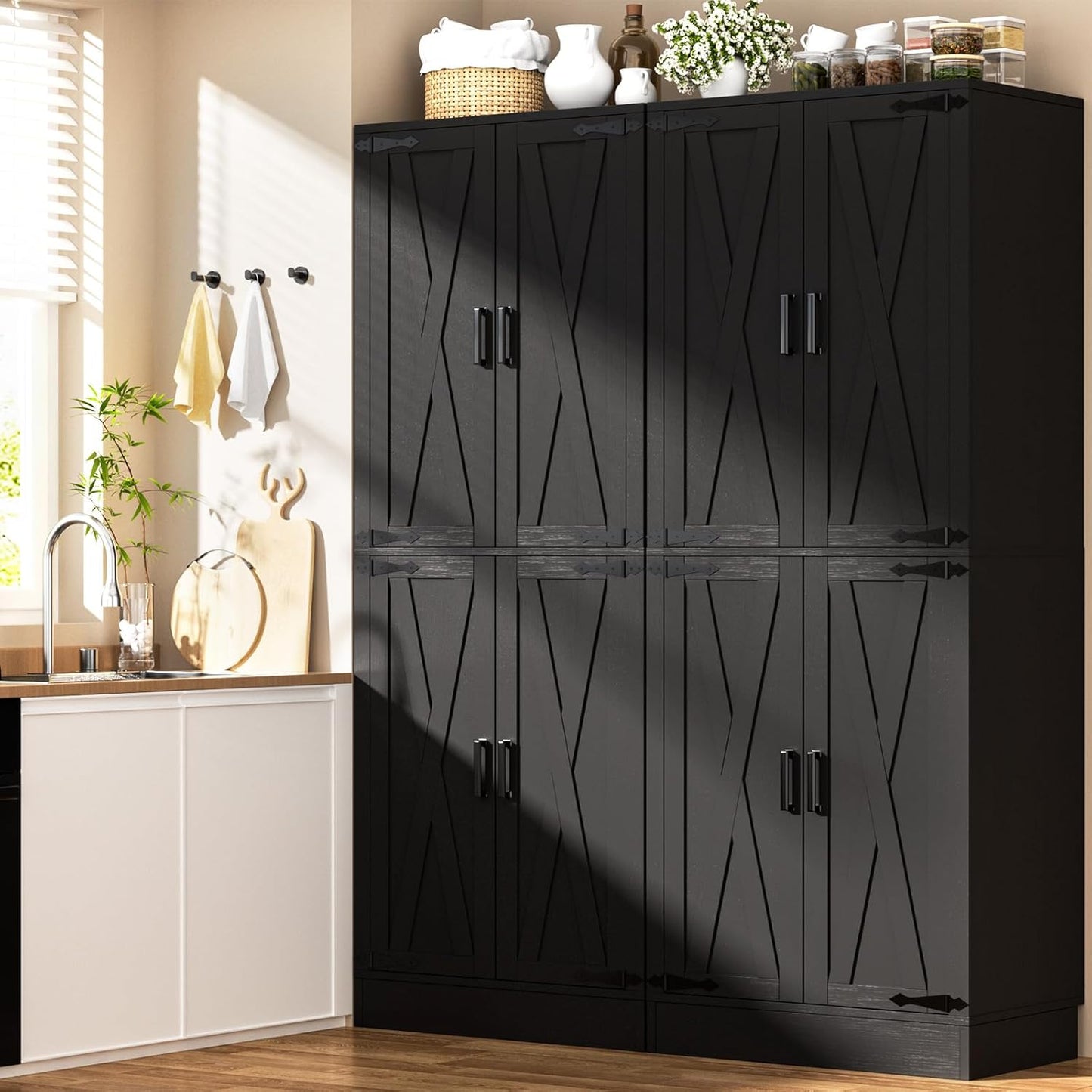 Unikito Kitchen Pantry Cabinet with Farmhouse Barn Doors and Storage Drawer, 4 Adjustable Shelves, Freestanding Tall 71" Cupboard for Kitchen, Dining Room, Living Room, Utility Room, Black