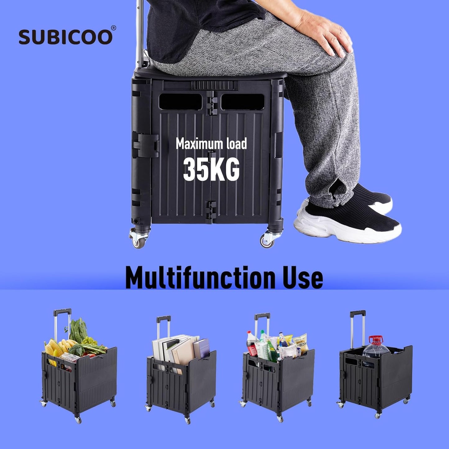 Folding Utility Cart Portable Rolling Crate Handcart Shopping Trolley Collapsible Tool Box, with Lid, on 4 Rotate Wheels, for Grocery, Shopping, Office, Teacher, Camp(Black)