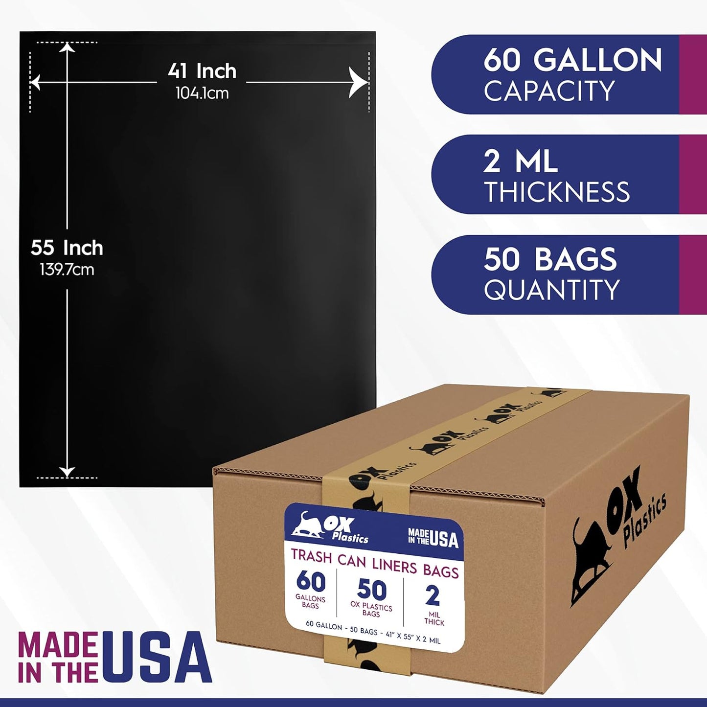 Ox Plastics 60 Gallon Trash Can Liners Bags - 50 Count Capacity & 2mil Thick Extra Heavy Duty Strength -Large Garbage, Leak-Proof & Durable Bag Black