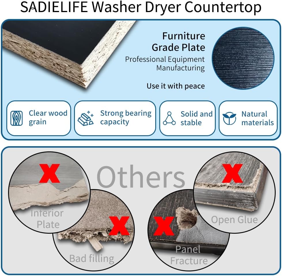 Washer Dryer Countertop Only,Edge Rails-27.5" Depth*27.5" Width Laundry Room Organization,High-Adhesion Non-Slip Protective Layer,with Edge Rails (Walnut)