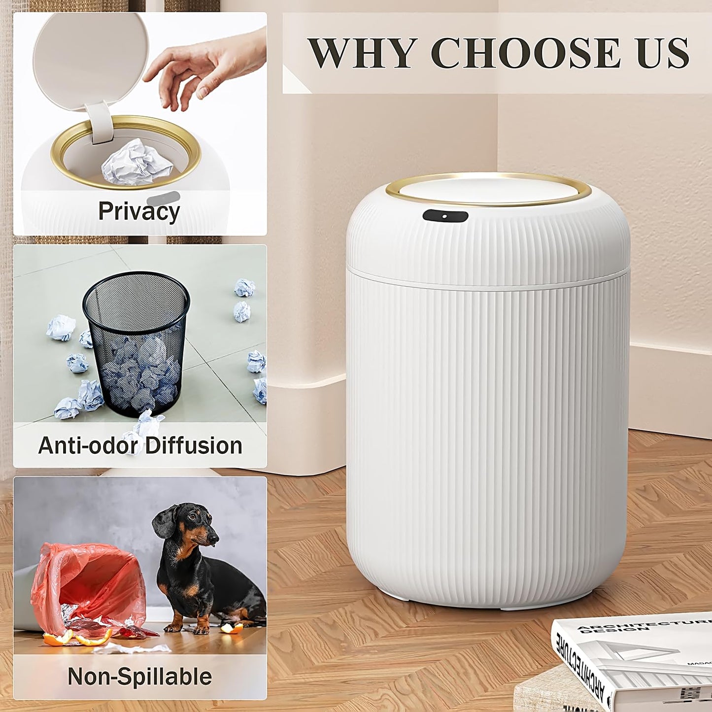 Automatic Motion Sensor Bathroom Trash Can with Lid, 3 Gallon Touchless Trash Bin, Smart Plastic Electric Garbage Cans Small White Wastebasket for Office, rv, Bedroom, Living Room