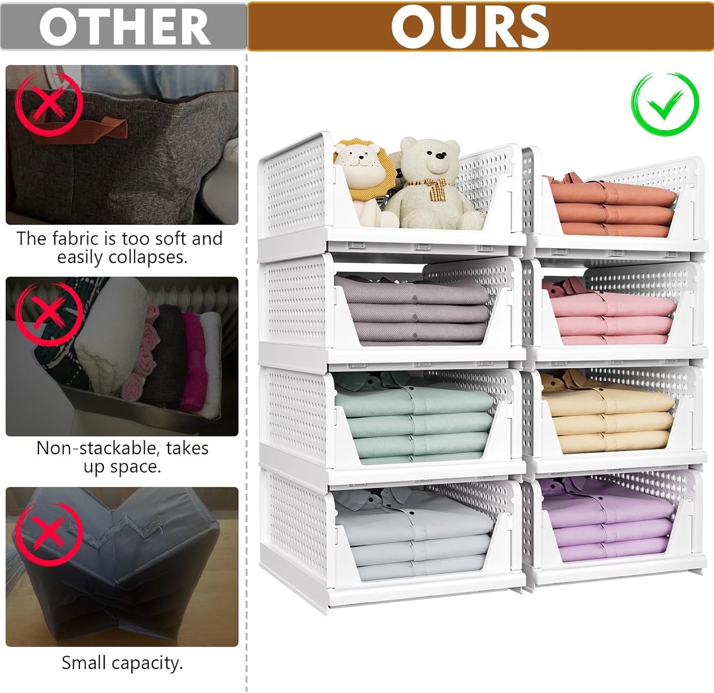 SNSLXH 5 Pack Stackable Closet Organizer Box, Multifunctional & Foldable Closet Storage Basket for Bathroom Kitchen Laundry Room Wardrobe Storage, Space-Saving Clothes Storage Drawer Organizer, Pink