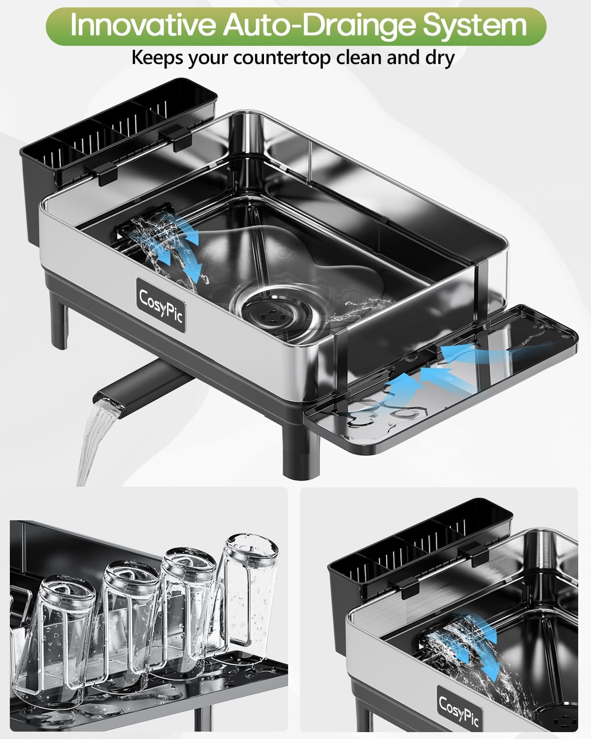 Dish Racks, Thicker Premium 304 Stainless Steel Dish Drying Rack for Kitchen Counter, Automatic Drainage Spout, Dish Drainer & Drainboard Set with Utensil Holder and Cup Holder, Black
