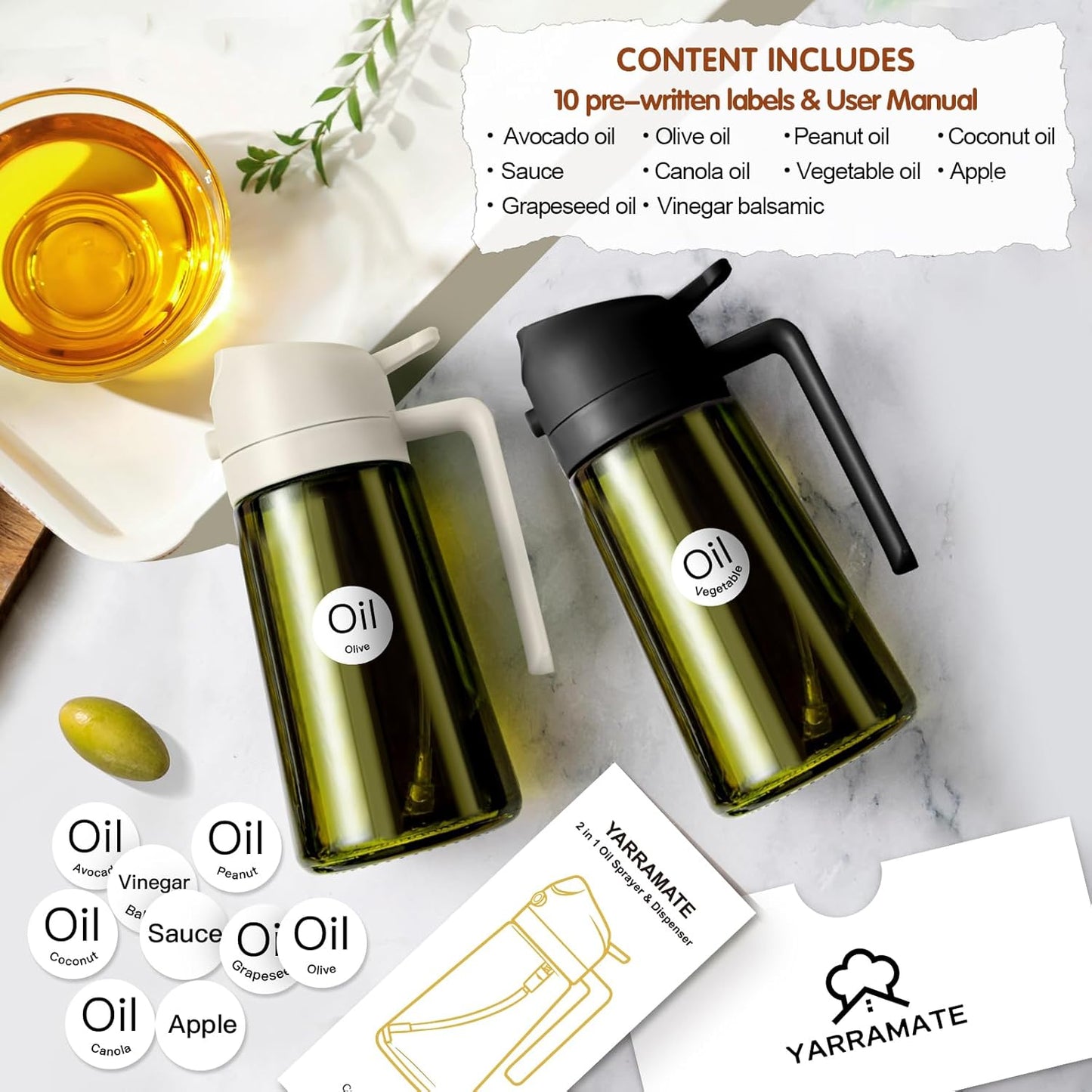 YARRAMATE 16oz/470ml Light-Blocking Dark Oil Sprayer for Cooking, 2 in 1 Olive Oil Dispenser Bottle for Kitchen, Premium Dark Green Glass Oil Bottle, Food-Grade Oil Mister for Air Fryer, BBQ (Black)