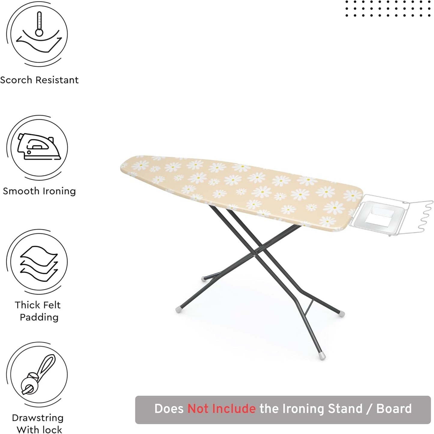 Encasa XO Ironing Board Cover and Pad 28"x12" - Thick 3mm Felt Padding, Drawstring Tightening & Lock, Easy Fit, Scorch & Stain Resistant, Fits Mini Ironing Board - Daisy Beige