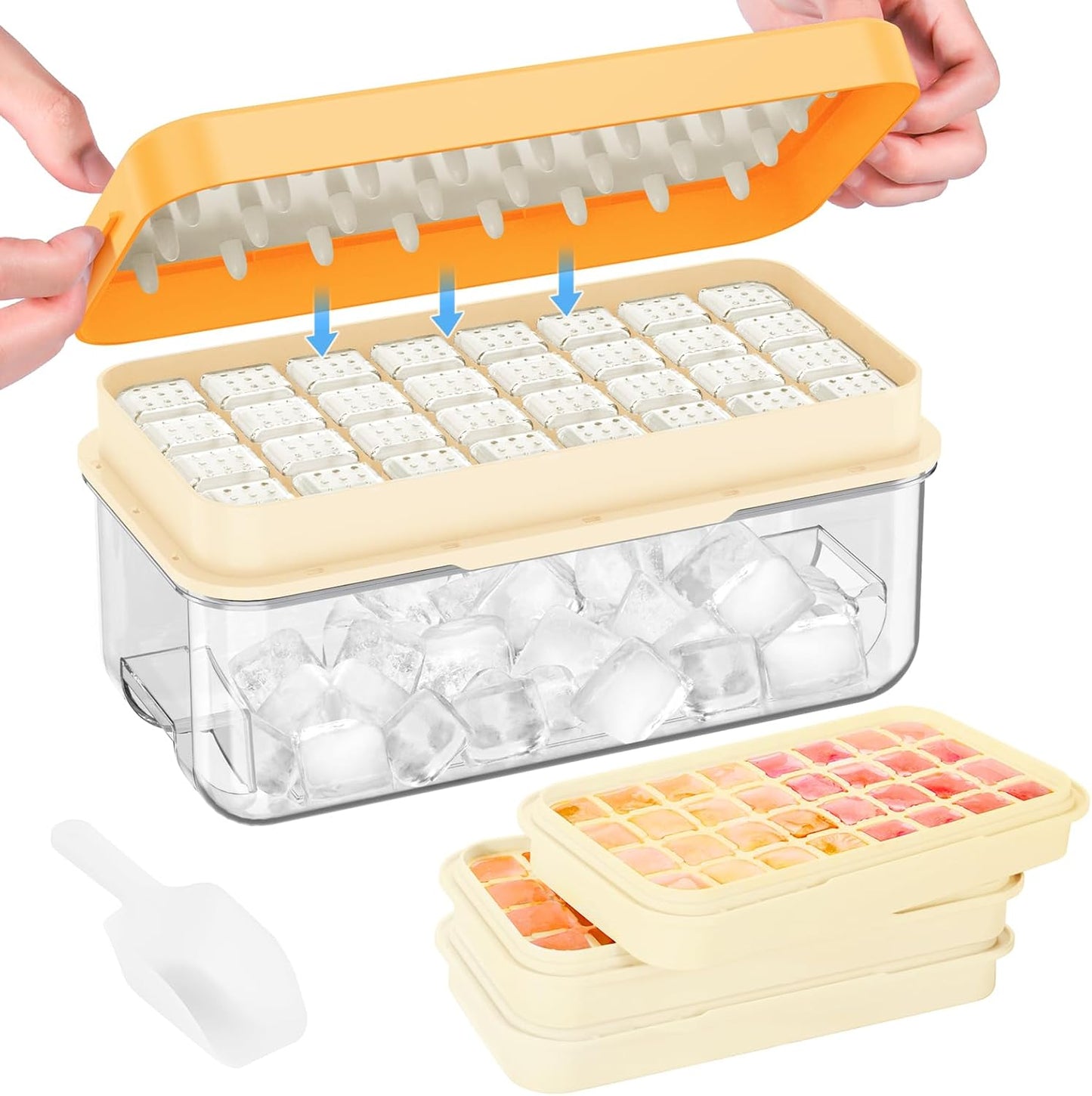 PHINOX Ice Cube Tray with Lid and Bin, 3 Pack Plastic Ice Cube Tray Molds, 96(4 * 8 * 3) pcs Ice Trays for freezer, Chilling Drinks, Whiskey & Cocktails, with Ice Container and Ice Scoop, BPA-Free