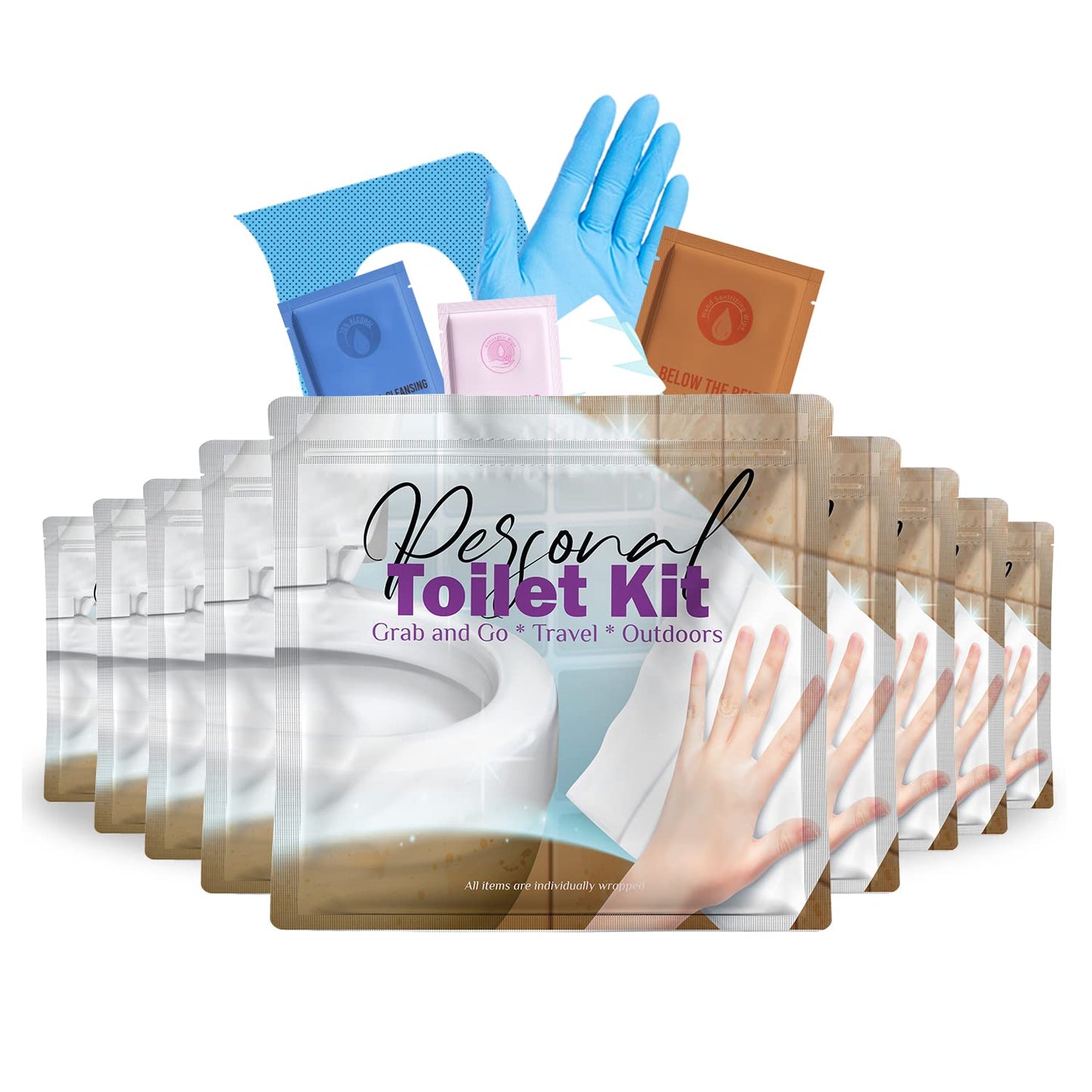 Personal Toilet Kit To Go – 10 Pack | Disposable Public Restroom Kit | Individually Wrapped for Toilet Protection Kit | Toilet Paper, Toilet Seat Cover, Butt Wipes, Cleansing Wipes (Clean)
