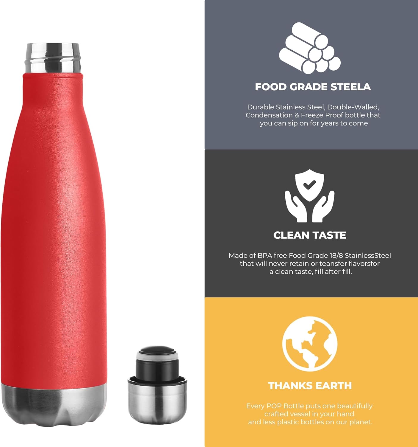 MEWAY 17oz Sport Water Bottle 4 Pack Vacuum Insulated Stainless Steel Leak-Proof Double Wall Cola Shape Water Bottle,Keep Drinks Hot & Cold(Red,4 Pack)