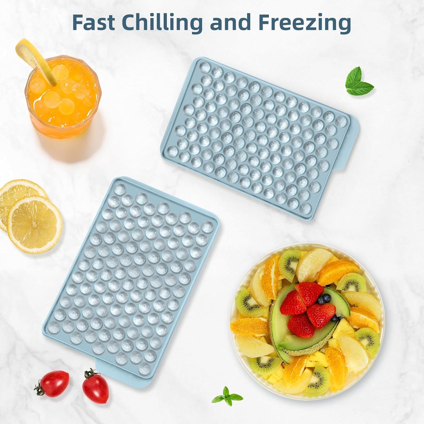 WIBIMEN Mini Ice Cube Trays, Small Tiny Round Pebble Crushed Nugget Ice Trays for Freezer with Lid - Chilling Drinks Coffee Juice(1 Pack/0.55In - Blue)