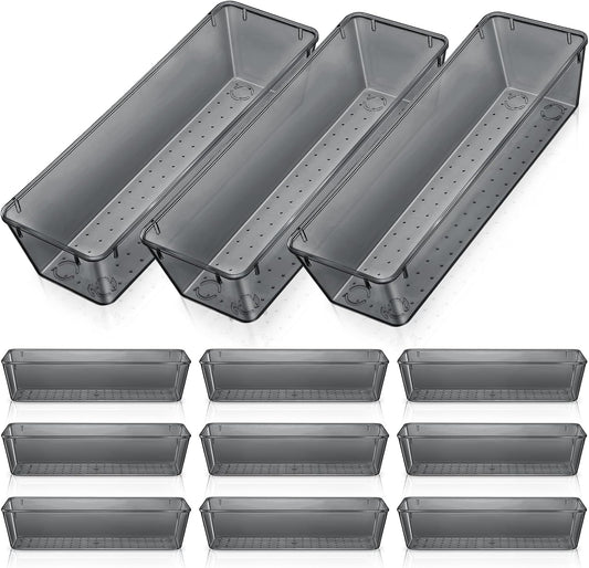 Maitys 12 Pcs Vanity Drawer Organizer 9 x 3 x 2 Inches Clear Plastic Utensil Organizers Kitchen Drawers Dividers for Office Desk Silverware Kitchen Utensils Cosmetics and Bathrooms(Black)