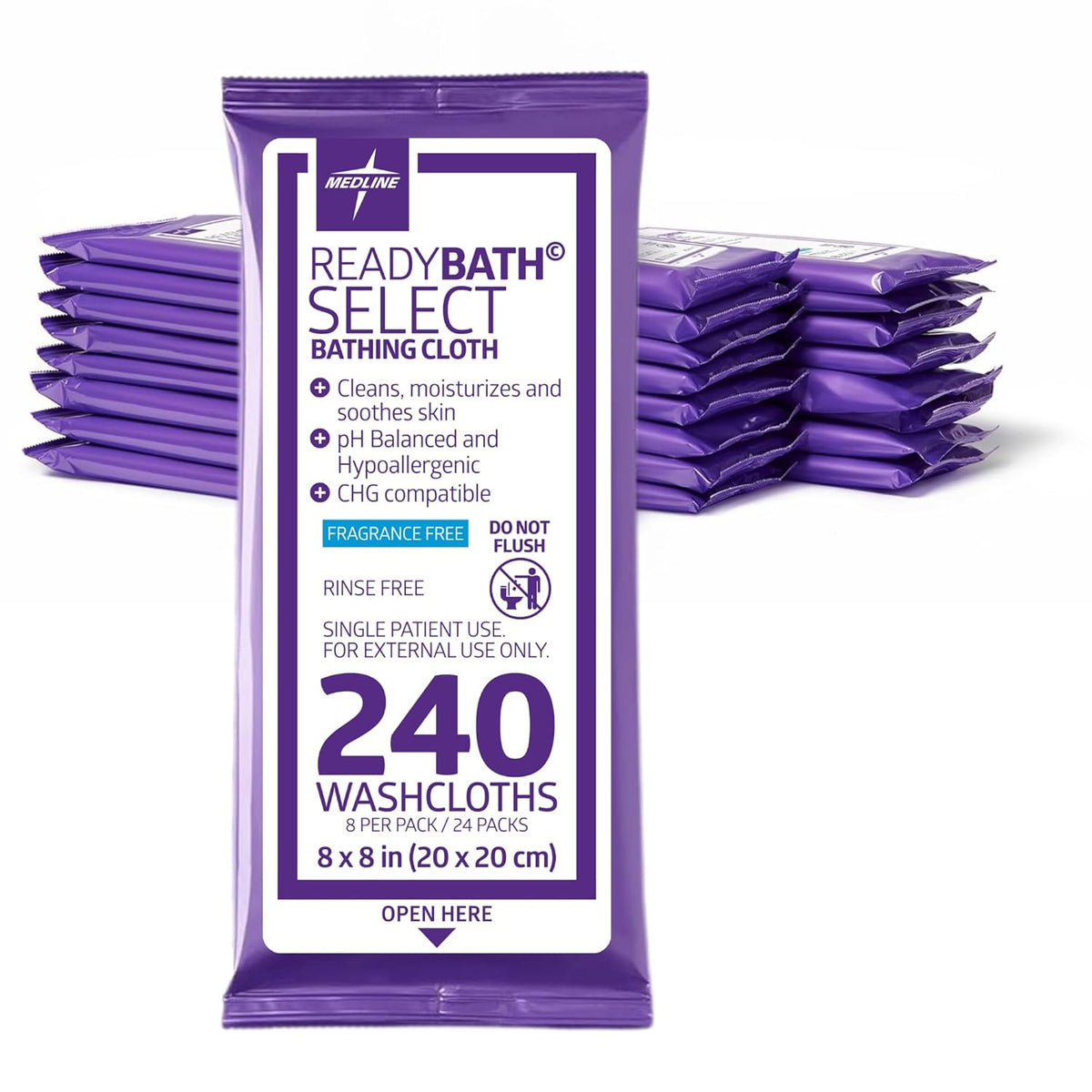 Medline Readybath Body Wipes, Shower and Bath for Adults, No Rinse Disposable Washcloths, Extra Thick, Hypoallergenic, Alcohol-Free, Aloe-Infused, Unscented, 240 Count (30 Packs), 8x8 Inch