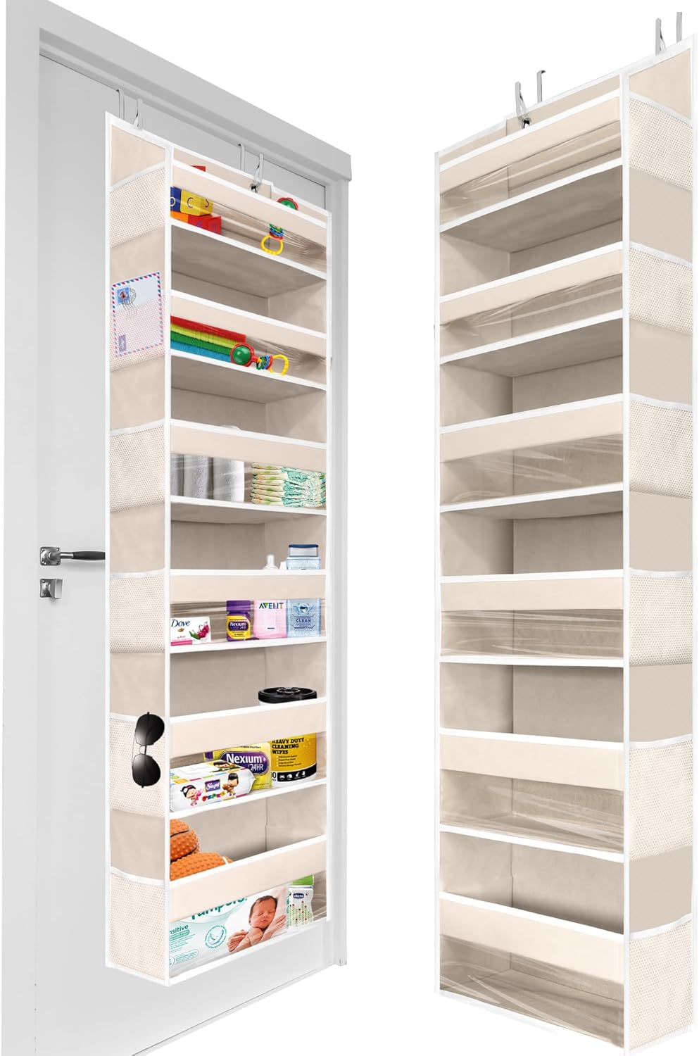 HOMELUX THEORY 1 PC Heavy Duty Over the Door Organizer 55x14x6.7, 6 Large Front & 12 Side Pockets, Hanging Storage Closet Door Organizer for Bedroom, Bathroom and Baby Nursery Storage (Ivory)