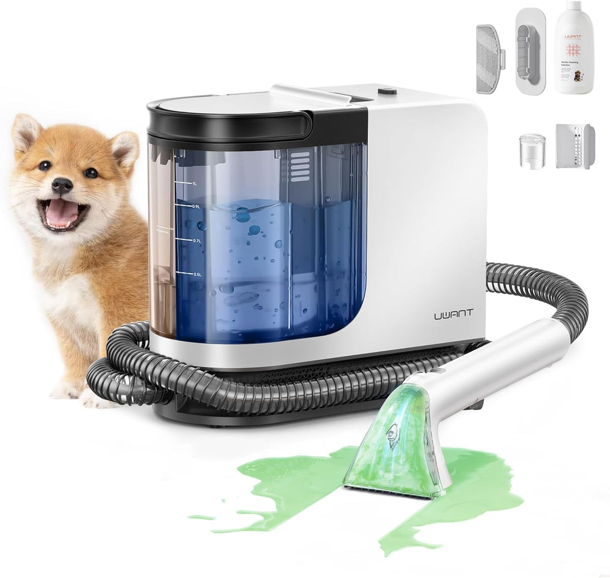 uwant Portable Carpet Cleaner with Steam& Hot Water System 18Kpa Powerful Suction Carpet Cleaner with 4 Cleaning Tools& Solution 2 in 1 Upholstery Cleaner Steam Cleaner for Pets, Car (Small 18Kpa)