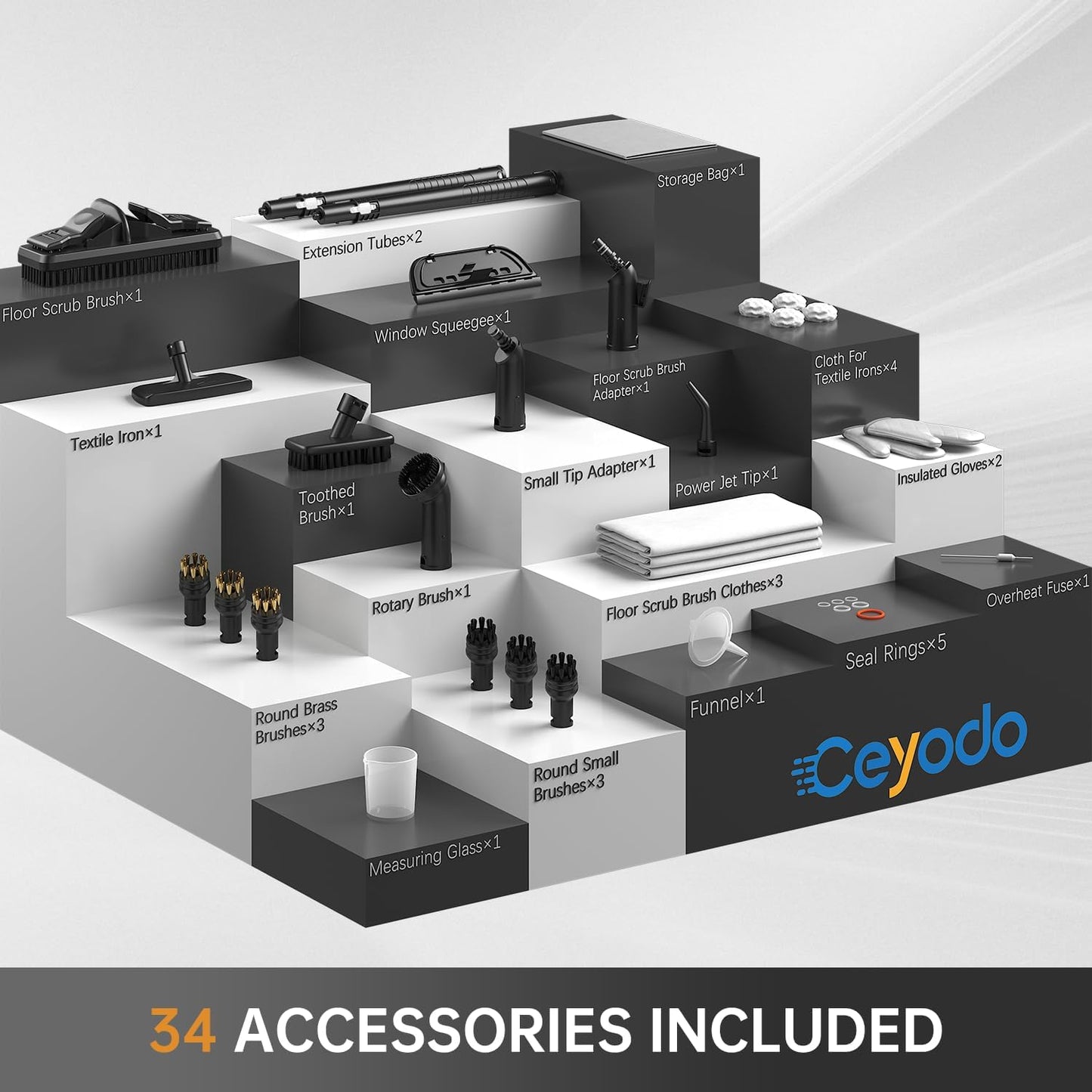 Steam Cleaner, Powerful Heavy Duty Canister Steamer with 34 Accessories, Steam Mop with 16.4 Ft Extra-Long Power Cord for Home Floor Cleaning, Grout, Upholstery, Car Detailing, White