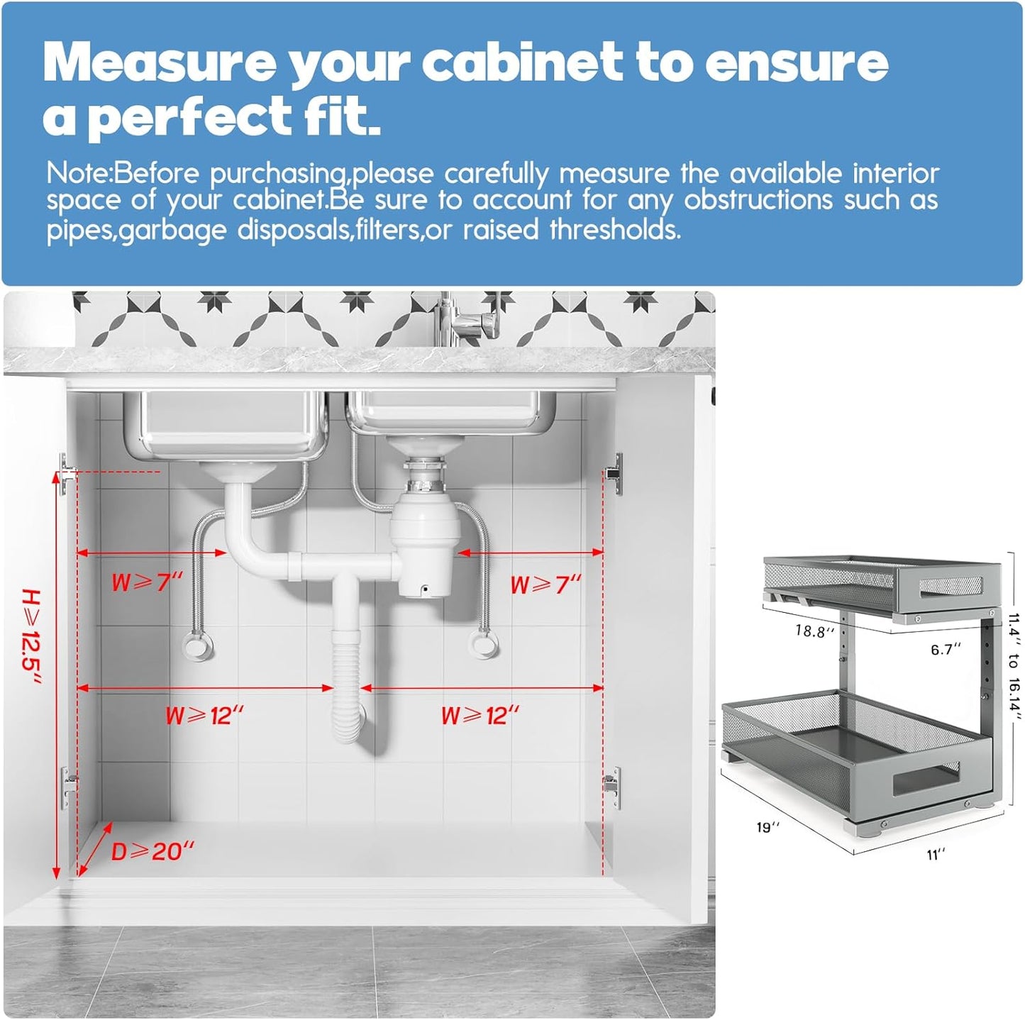1 Pack 19IN Depth Under Sink Storage Organizer, Large 2-Tier Elegant Mesh Pull Out Shelf for Kitchen and Bathroom Cabinet Organization, L-Shaped and Adjustable Height Design-Gun Gray