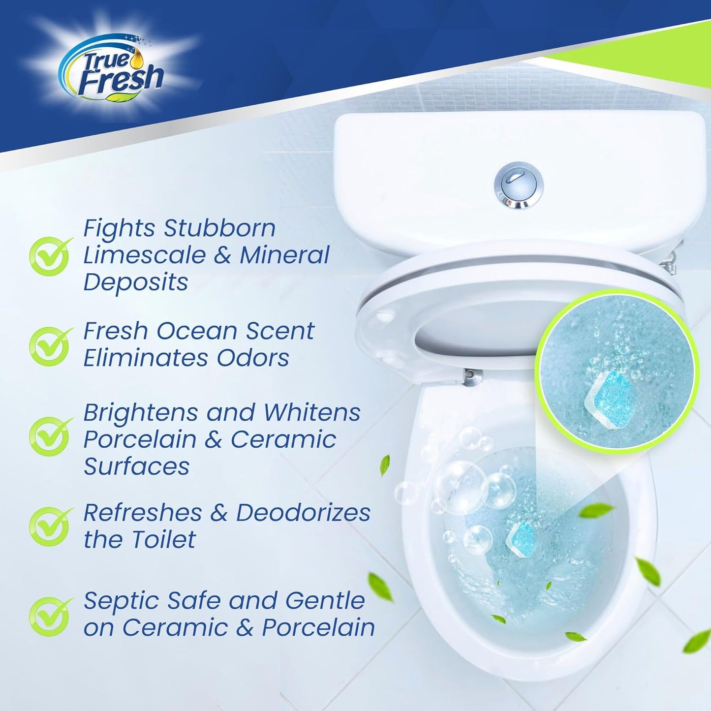 True Fresh Toilet Bowl Cleaner Tablets 26 Pack – Deodorizer & Septic Safe – Deep Cleaning, Odor Eliminator, Stain Remover for Long-Lasting Freshness – Fresh Ocean Scent