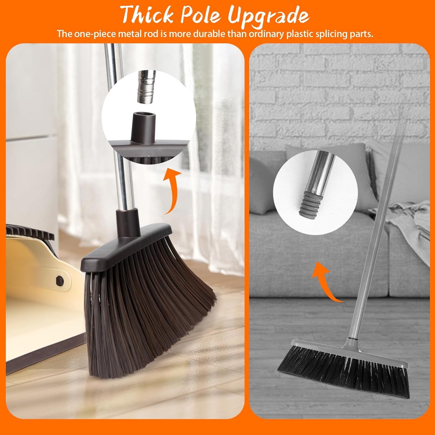 Broom and Dustpan Set, Dustpan Combo with 51" Stainless Steel Long Handle Brooms with 5-Layer Soft Bristles for Home Office Kitchen Bathroom(Beige)