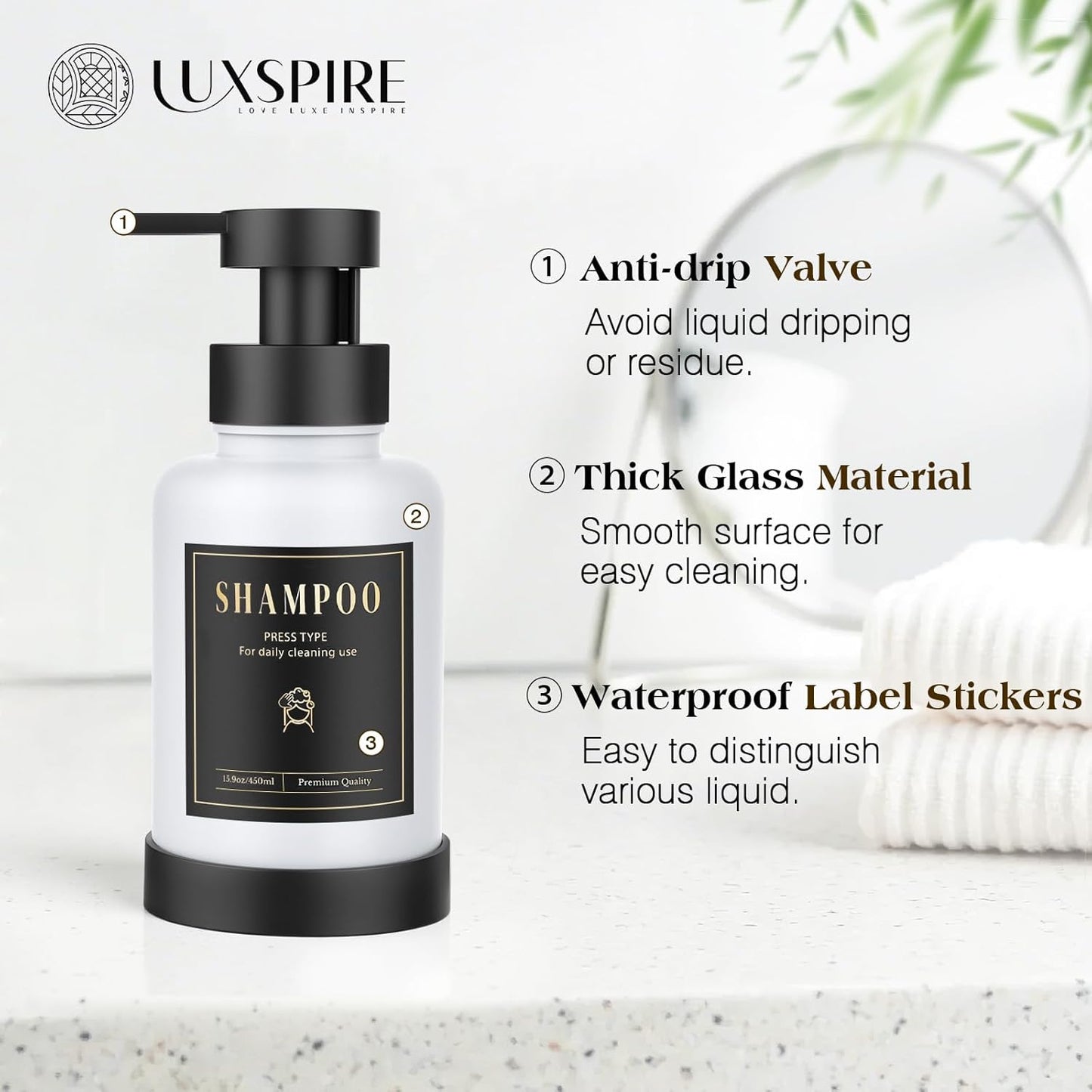 Luxspire Foaming Soap Dispenser, Glass Foam Pump Soap Dispenser, Non-Slip Hand Soap Container with 5 Waterproof Labels, 15 Oz Refillable Liquid Soap Holder for Bathroom & Kitchen, White, 2 Pack