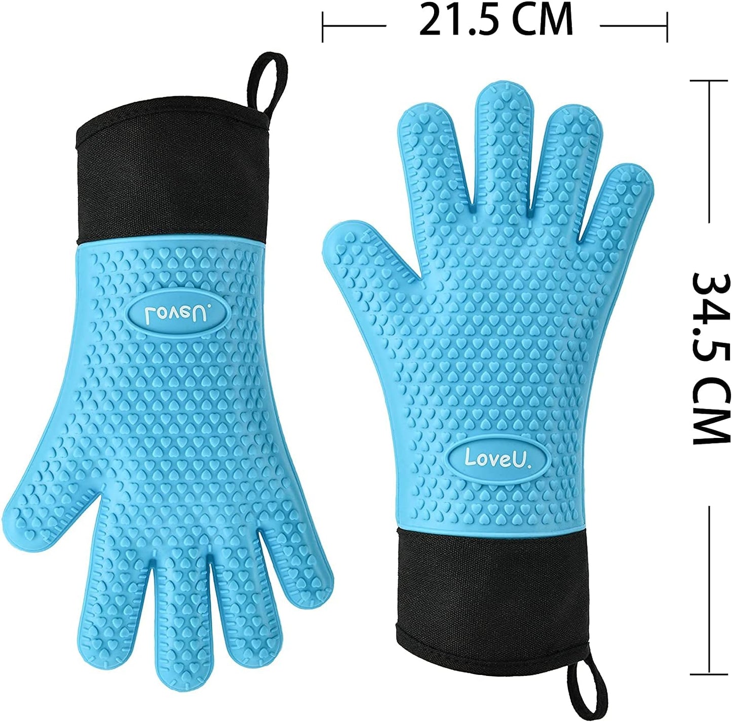 Kitchen Oven Gloves - Dual-Layer Heat Resistant Grilling Gloves, Silicone Oven Mitts with 5 Fingers, Waterproof Non-Slip Pot Holder for Barbecue, Cooking, Baking (Blue, Long)