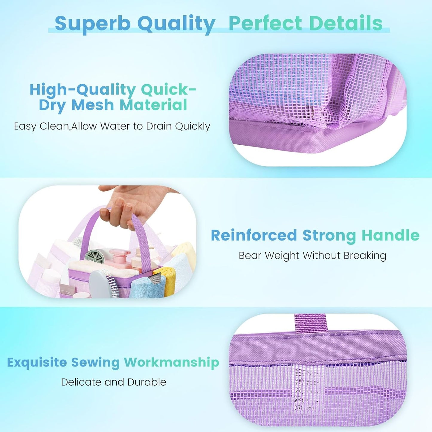 Mesh Shower Caddy for College Dorm Room Essentials for Girls with 9 Pockets,Large-Capacity Shower Basket,Quick Dry Toiletry Tote Bag,Outdoor Gym,Travel,Swim,Beach Camping Essentials-Black and Purple