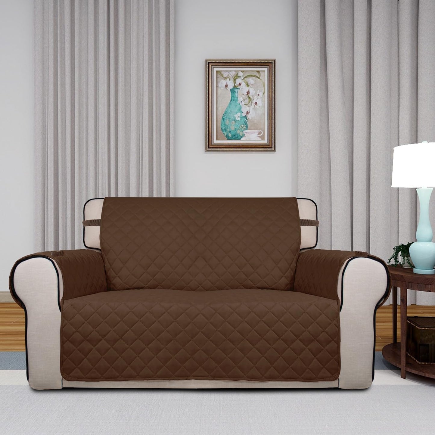 PureFit Reversible Quilted Sofa Cover, Water Resistant Slipcover Furniture Protector, Washable Couch Cover with Non Slip and Elastic Straps for Kids, Dogs, Pets (Loveseat, Coffee/Ivory)