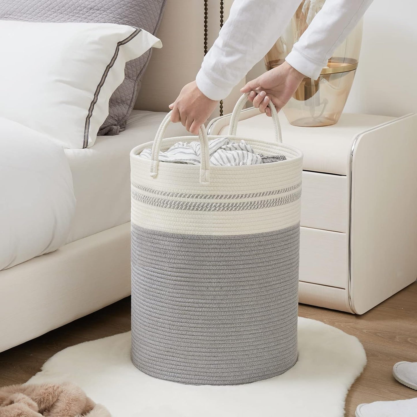 YOUDENOVA Woven Rope Laundry Hamper Basket, 72L Tall Luandry Basket, Baby Nursery Hamper for Blanket Storage, Clothes Hamper for Laundry in Bedroom-Large-Grey