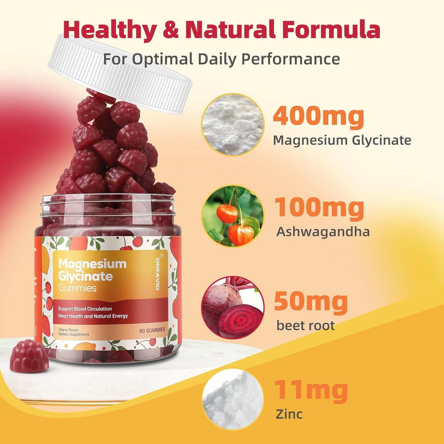 90 Count Magnesium Glycinate Gummies 400mg w/Ashwagandha Supplement - Sugar Free Zinc Magnesium Glycinate Supplement Ashwagandha Gummies for Adults
