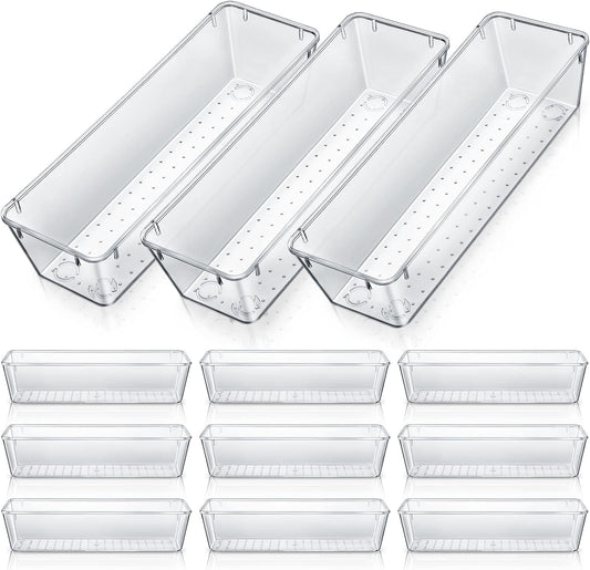 Maitys 12 Pcs Vanity Drawer Organizer 9 x 3 x 2 Inches Clear Plastic Utensil Organizers Kitchen Drawers Dividers for Office Desk Silverware Kitchen Utensils Cosmetics and Bathrooms(Clear)