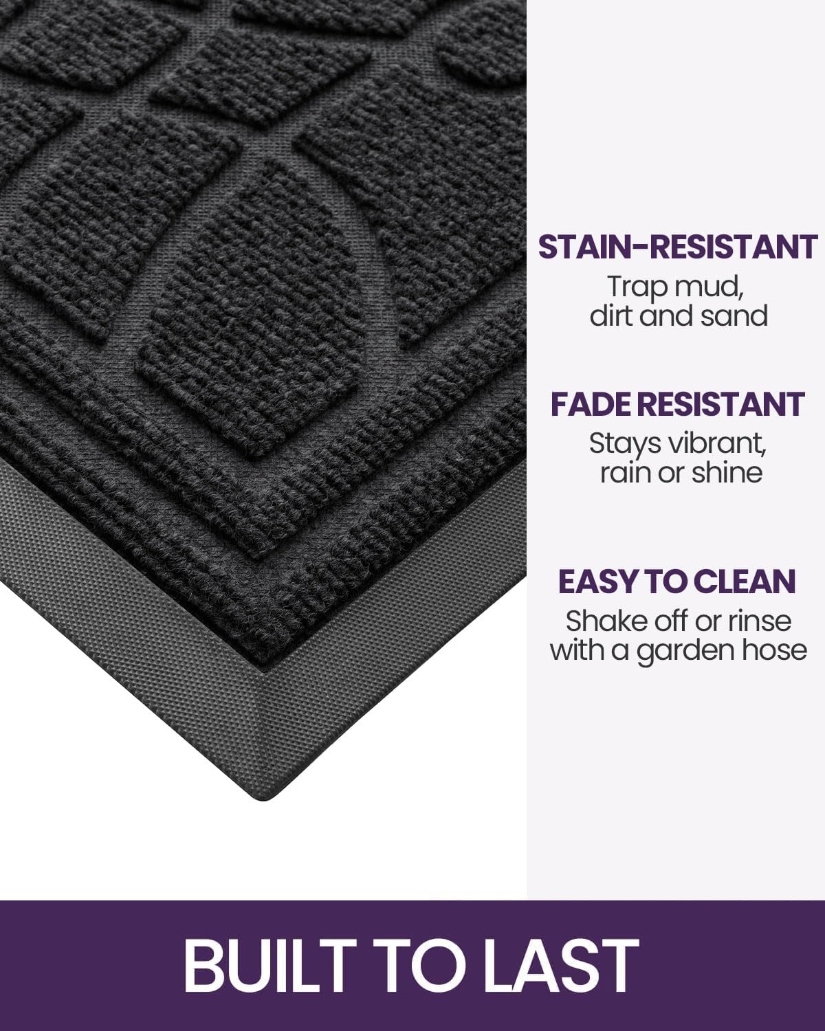 DEXI Front Door Mat Outside Entrance, Heavy Duty Non Slip Low Profile Doormat for Entryway, Trap Dirt and Moisture Welcome Mats, Easy Clean, Patio, Garage, 17x29, Black