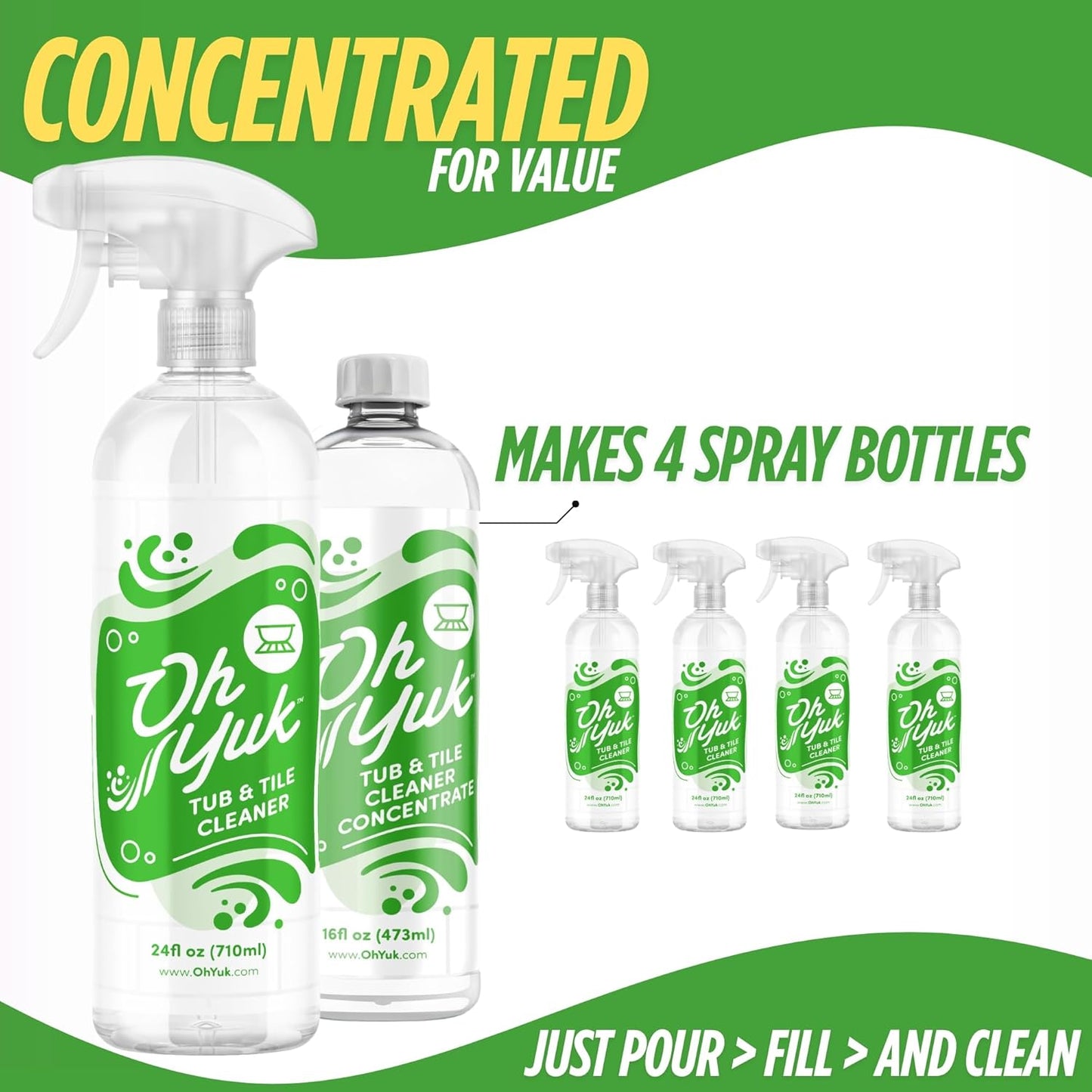 Oh Yuk Tub and Tile Cleaner – Combo Pack with Spray and Concentrate Refill | Cleans Tubs, Tiles, and Shower Walls | 4X Long-Lasting Value | Biodegradable, Vegan, Cruelty-Free | Made in USA