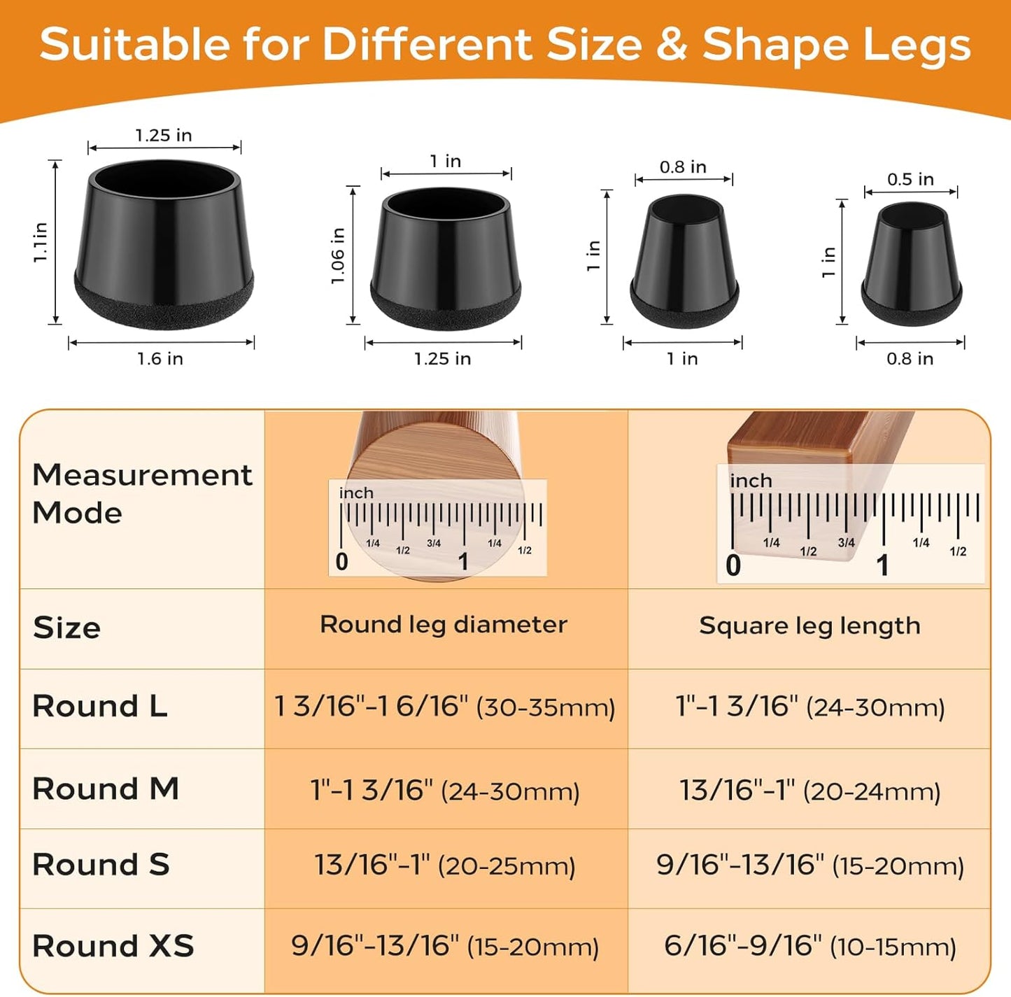 24 PCS Silicone Chair Leg Floor Protectors Medium Fit (1"-1.2") Rubber Felt Furniture Pads Chair Legs Caps/Covers for Hardwood Floors, Tile from Scratches & Reduce Noise - Round, Black