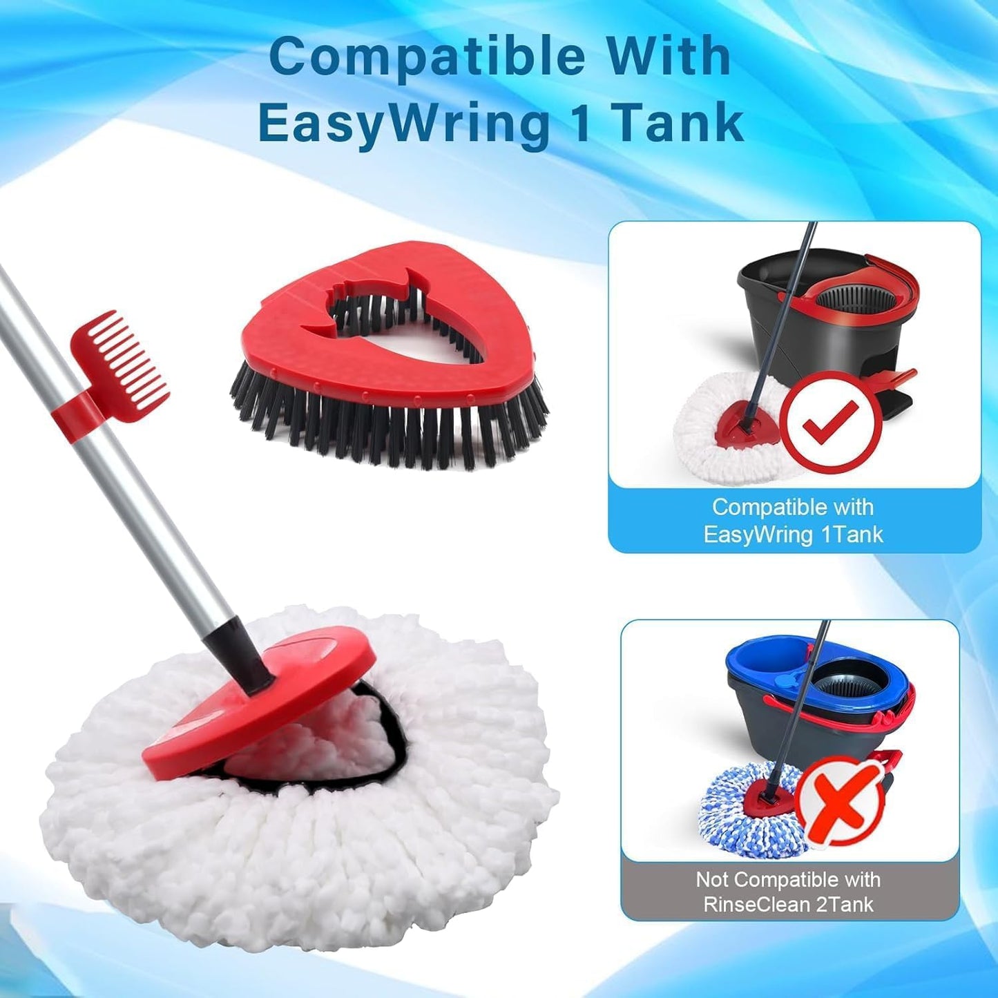2 Pack Spin Mop Heads Replacement Compatible with O Cedar EasyWring 1Tank, Upgraded Scrub Brush,4 Section Mop Handle and 1 Base Combo Set, Microfiber Replace Head Refill