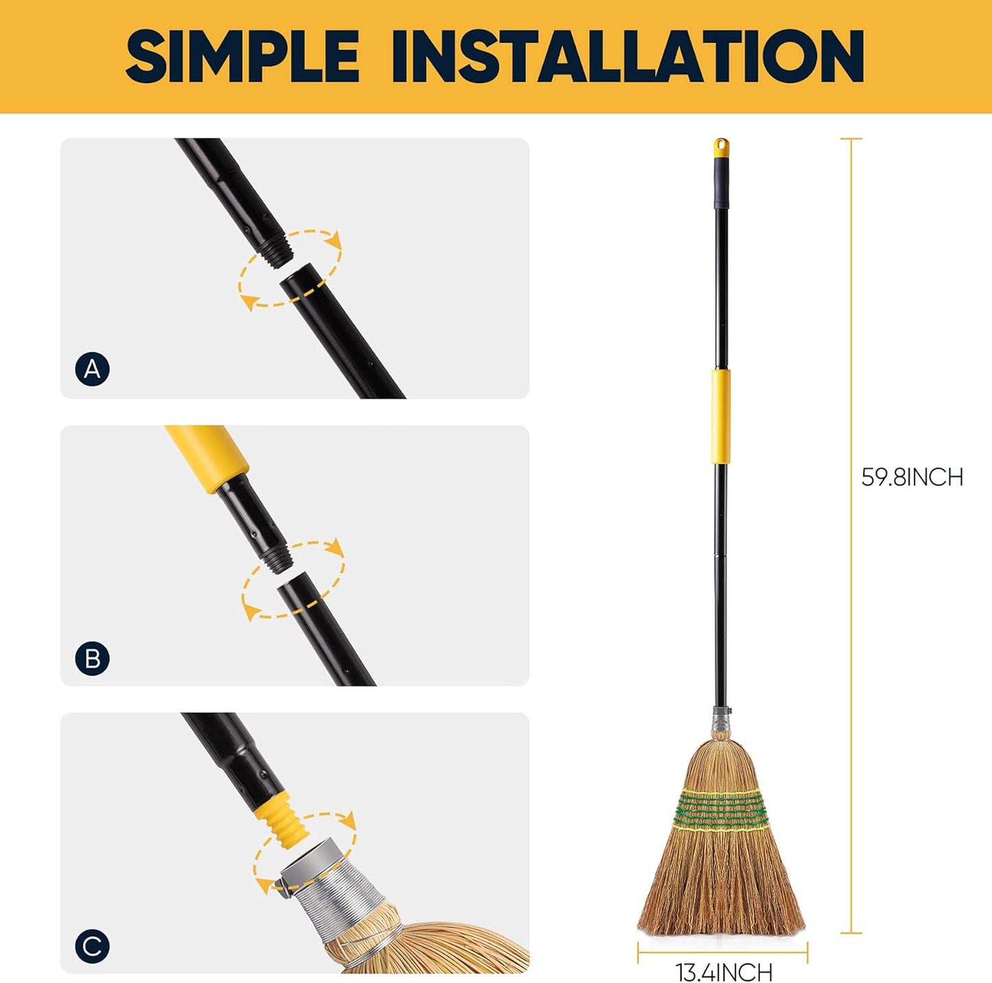 Yocada Heavy-Duty Broom Corn Broom Outdoor Commercial Indoor for Courtyard Garage Lobby Mall Market Floor Home Office Leaves Stone Dust Rubbish 59.8inch