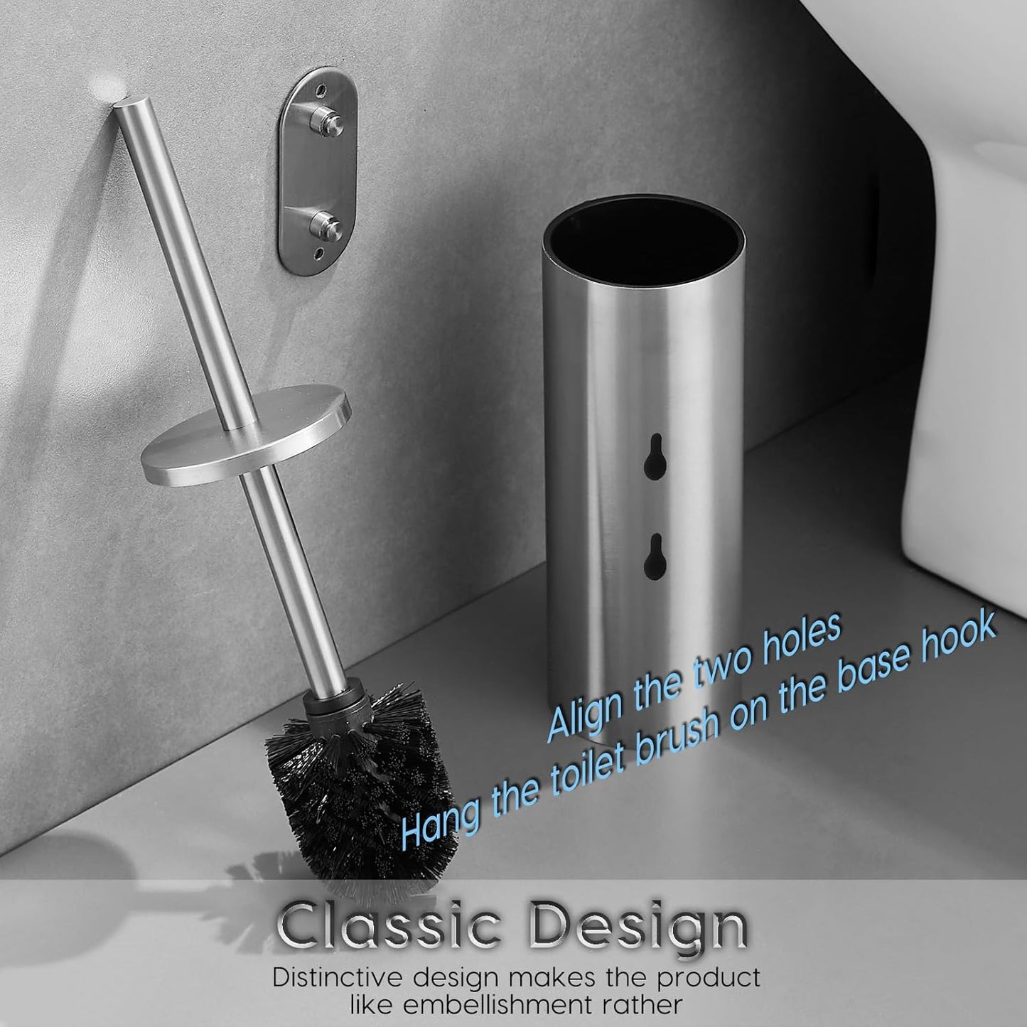 Brushed Stainless Steel Toilet Brush and Cover, No-Punch Hook Base Dual Purpose Toilet Brush Holder with Removable Inner Bucket and Splash Cover - Soft Bristles (Brushed)