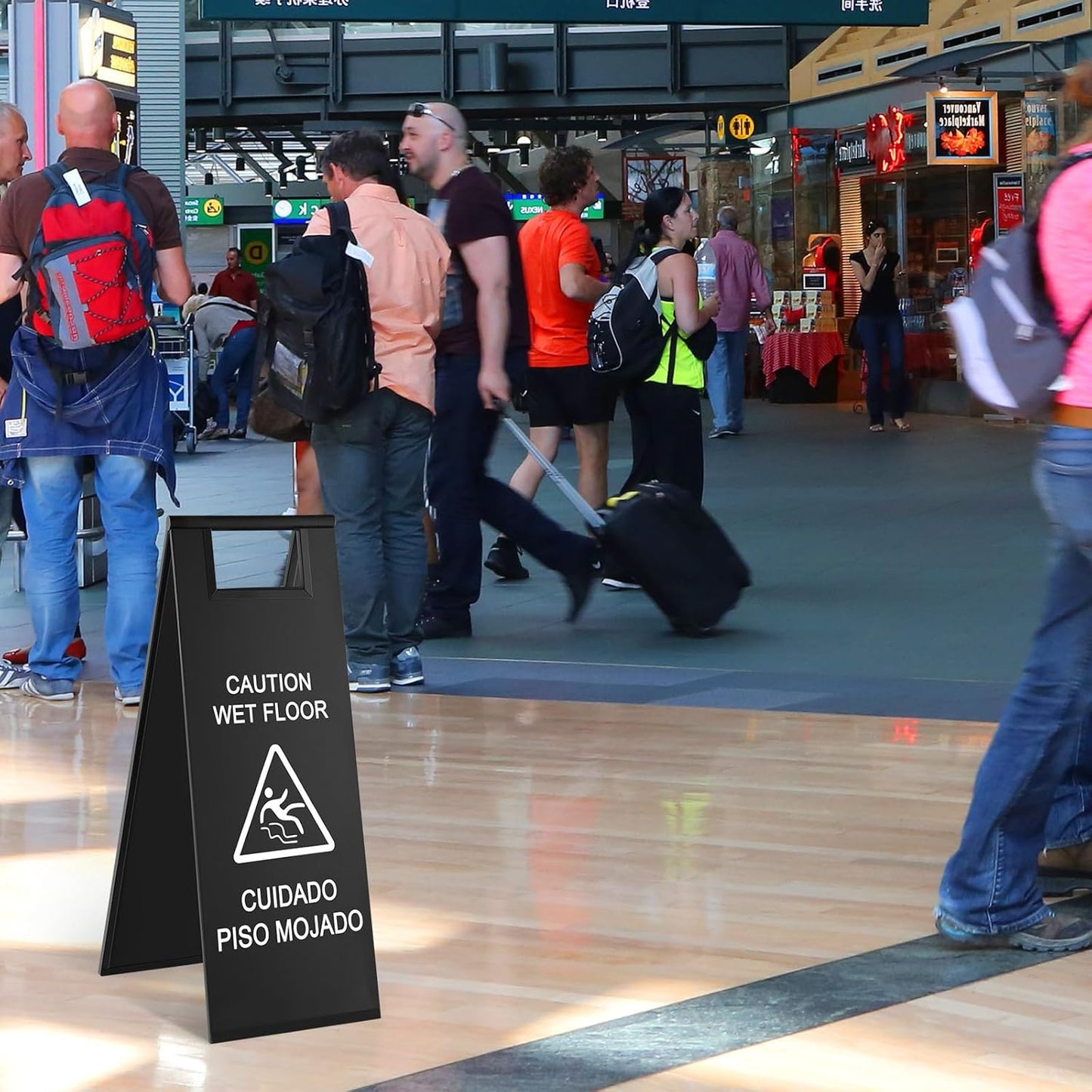 8 Pcs 24 Inch Stainless Steel Wet Floor Sign 8.8 Pound Caution Wet Floor Sign Bulk Double Sided Portable Foldable Bilingual Safety Warning for Kitchen Restaurant Restroom Avoid Fall(Black)