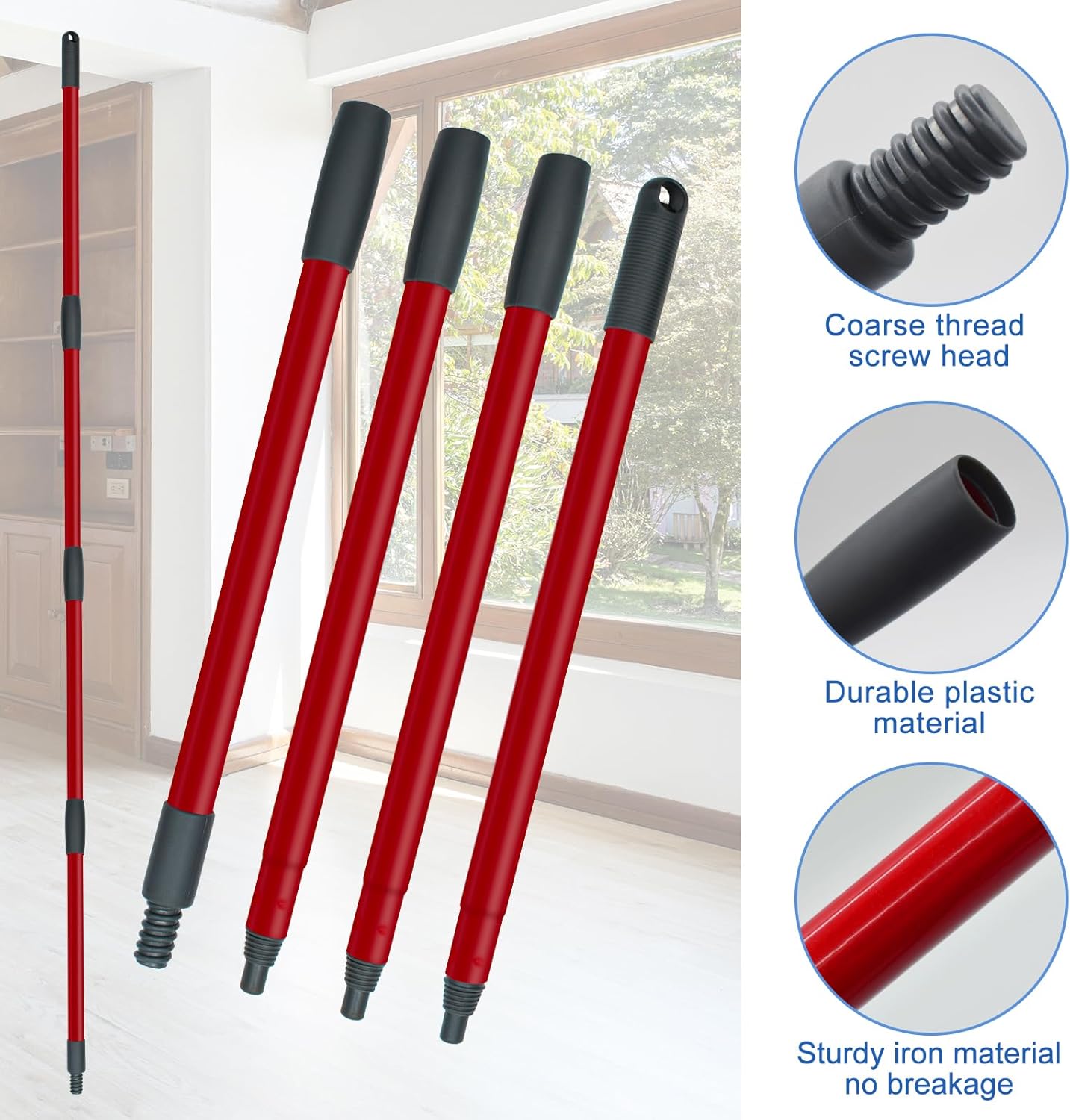 Spin Mop Replace Head, Mop Handle and Base Compatible with Ocedar RinseClean 2-Tank System, 3 Mop Replacement Head, 4-Section Sturdy Iron 30-58in Mop Handle and 1 Triangle Mop Head Cover Combo Set