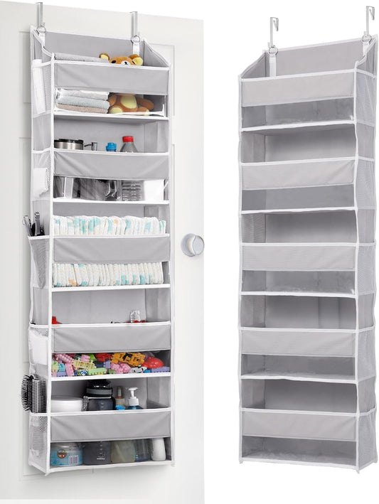 ULG 1 Pack Over Door Organizer with 5 Large Pockets 10 Mesh Side Pockets, 44 lbs Weight Capacity Hanging Storage Organizer with Clear Window for Kids Toys, Shoes, Diapers, Grey, 5 Layer