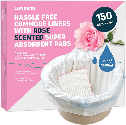 Lunderg 150 Count Value Pack - Rose Scented Disposable Commode Liners and Absorbent Pads for Adult Chairs and Portable Toilets