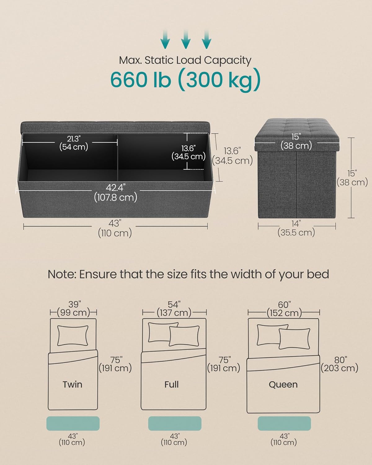 SONGMICS MAZIE Collection - 43 Inches Folding Storage Ottoman Bench, Ottoman Foot Rest, End of Bed Bench, Storage Chest, Load 660 lb, for Living Room, Bedroom, Entryway, Dark Gray ULSF77K