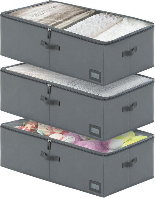 10-Inch Under Bed Storage Containers (3-Pack) | Sturdy Sidewalls | Clear Cover & Label Holder | Foldable Closet Organizer | Stores Clothing/Blankets/Wrapping Paper/Toys